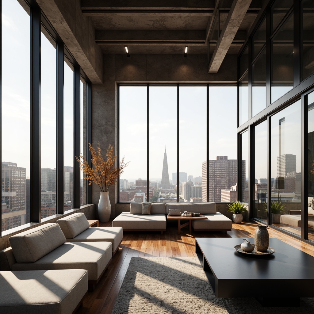 Prompt: Monochromatic modernist interior, sleek streamline furniture, polished chrome accents, matte black surfaces, soft velvety textures, minimalist decor, floor-to-ceiling windows, urban cityscape views, afternoon sunlight, warm beige tones, rich walnut wood, industrial metal beams, geometric patterns, Scandinavian-inspired simplicity, 1/1 composition, shallow depth of field, realistic reflections.