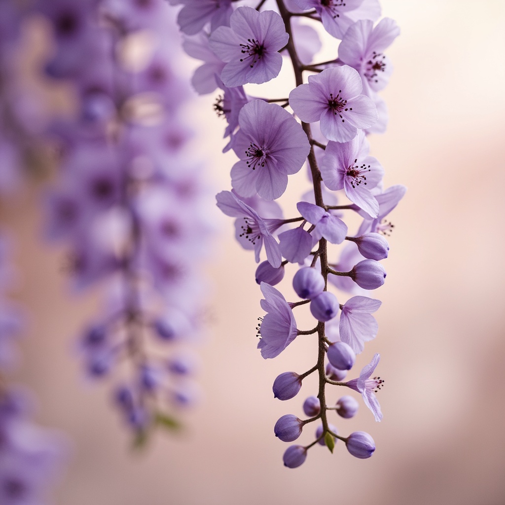 Prompt: Soft wisteria flowers, pastel purple hues, gentle lavender shades, delicate pink undertones, warm beige backgrounds, natural earthy tones, whimsical watercolor textures, dreamy atmospheric lighting, shallow depth of field, 1/2 composition, intimate portrait view, romantic soft focus, elegant subtle gradients.