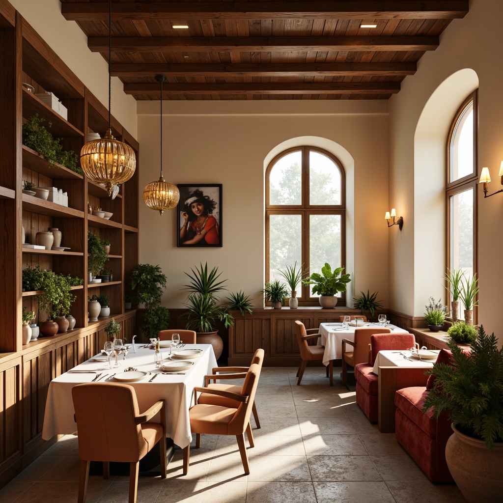 Prompt: Cozy dining area, warm beige walls, rich walnut wood tones, soft cream accents, plush velvet upholstery, elegant chandeliers, subtle gold hardware, natural stone flooring, earthy terracotta pots, lush greenery, soft morning light, warm golden lighting, shallow depth of field, 2/3 composition, inviting atmosphere, realistic textures, ambient occlusion.