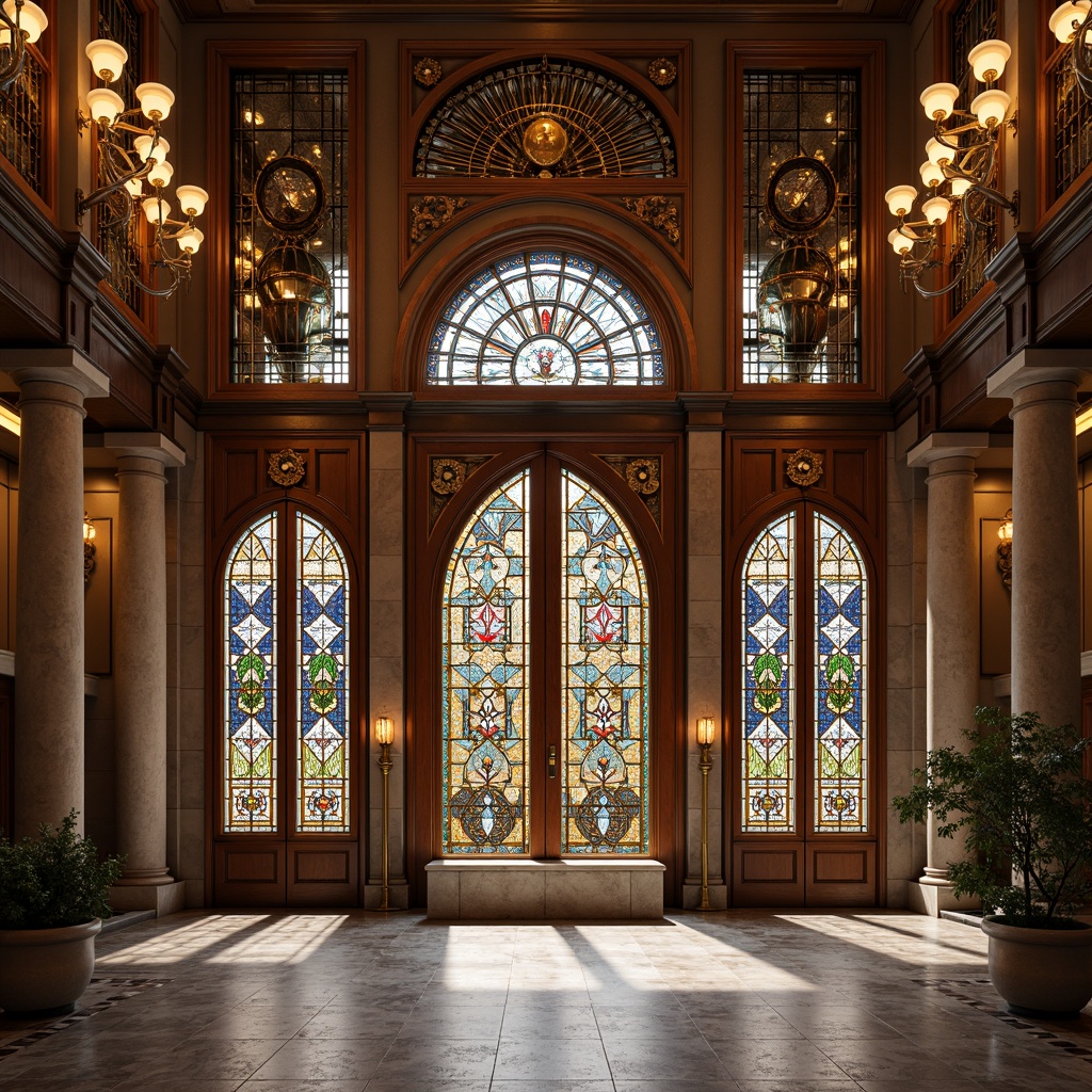 Prompt: Grand entrance hall, ornate wooden doors, richly patterned stained glass windows, vibrant colorful glazing, intricate leadwork details, traditional architectural style, symmetrical facade, imposing stone columns, polished marble floors, luxurious chandeliers, warm golden lighting, shallow depth of field, 1/2 composition, realistic textures, ambient occlusion.