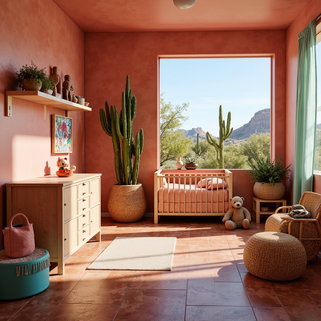 Prompt: Vibrant southwestern nursery, soft adobe walls, warm terracotta floors, turquoise accents, coral pink furniture, sandy beige crib, natural wood decor, woven wicker baskets, colorful Navajo-inspired textiles, playful cactus plants, sunny desert landscape, bright blue sky, gentle warm lighting, shallow depth of field, 1/1 composition, realistic textures, ambient occlusion.