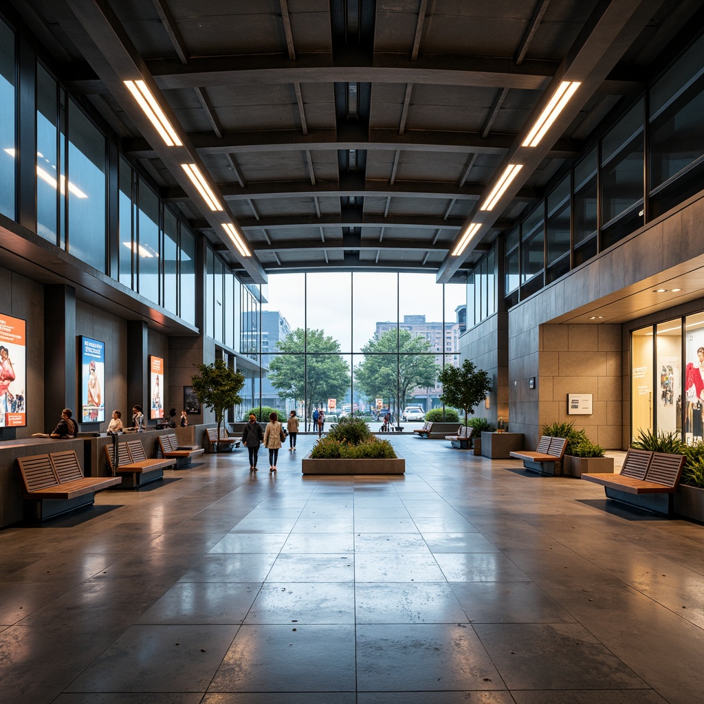 Prompt: Modern bus station interior, sleek metal beams, polished concrete floors, minimalist design, energy-efficient lighting systems, LED strips, soft warm ambiance, 1/1 composition, shallow depth of field, natural stone accents, wooden benches, urban landscape views, bustling city atmosphere, morning rush hour, vibrant advertisements, electronic information displays, safety surveillance cameras, comfortable waiting areas, accessible facilities, calm color scheme, subtle texture contrasts, realistic reflections.