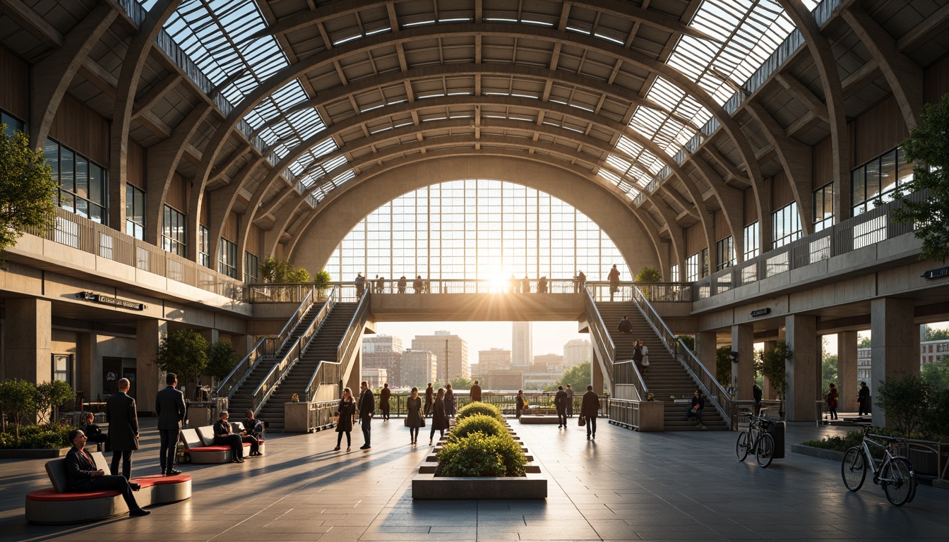 Prompt: Grand train station hall, high ceilings, natural light pouring in, spacious waiting areas, comfortable seating, modern information displays, sleek metal railings, polished stone floors, urban cityscape views, busy morning commute, warm sunlight filtering through, shallow depth of field, 1/2 composition, symmetrical architecture, grand staircase, pedestrian bridges, green roofs, eco-friendly materials, innovative ventilation systems, airy atmosphere, vibrant colorful advertisements.