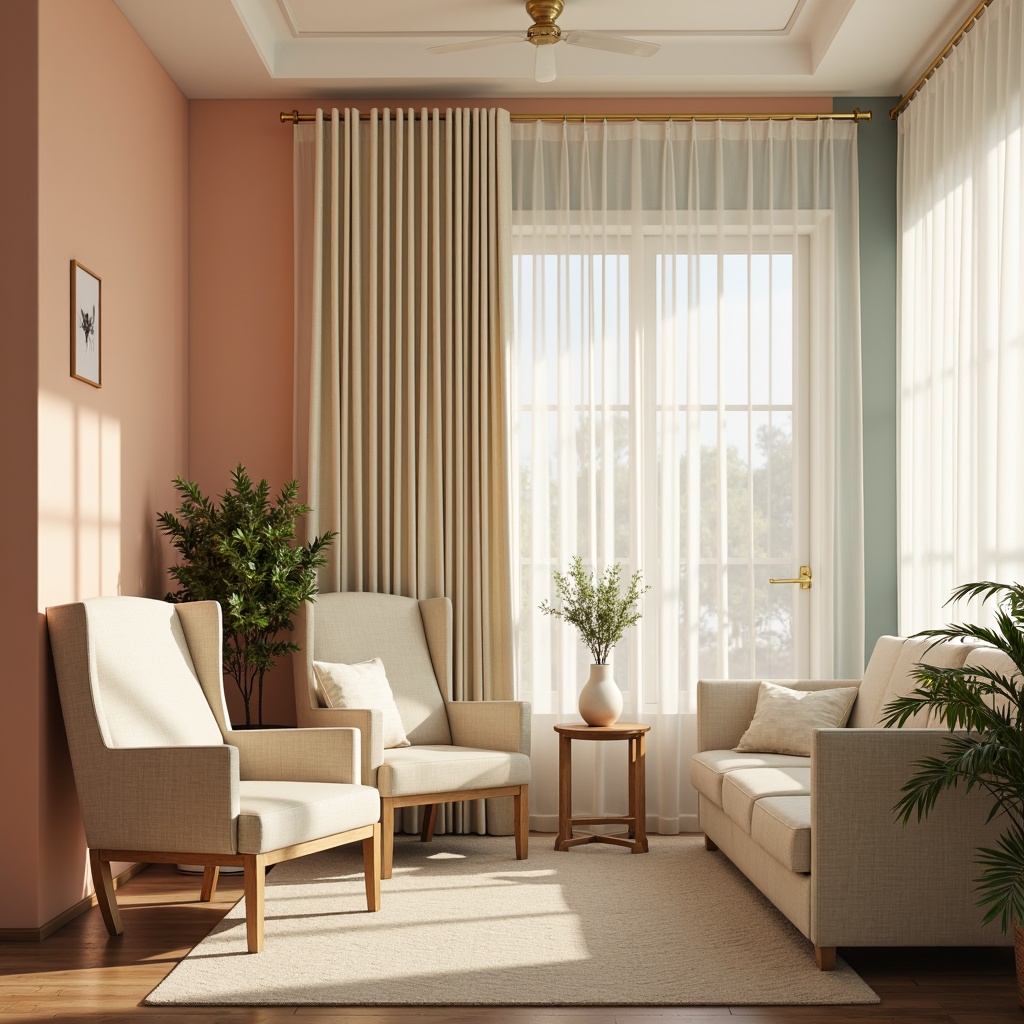 Prompt: Soft peach walls, creamy white accents, pale blue undertones, warm beige furniture, natural wood textures, gentle cream-colored drapes, subtle gold metallic highlights, calming greenery, lush plants, soft box lighting, warm ambient glow, shallow depth of field, 1/1 composition, realistic render, atmospheric fog, serene atmosphere.