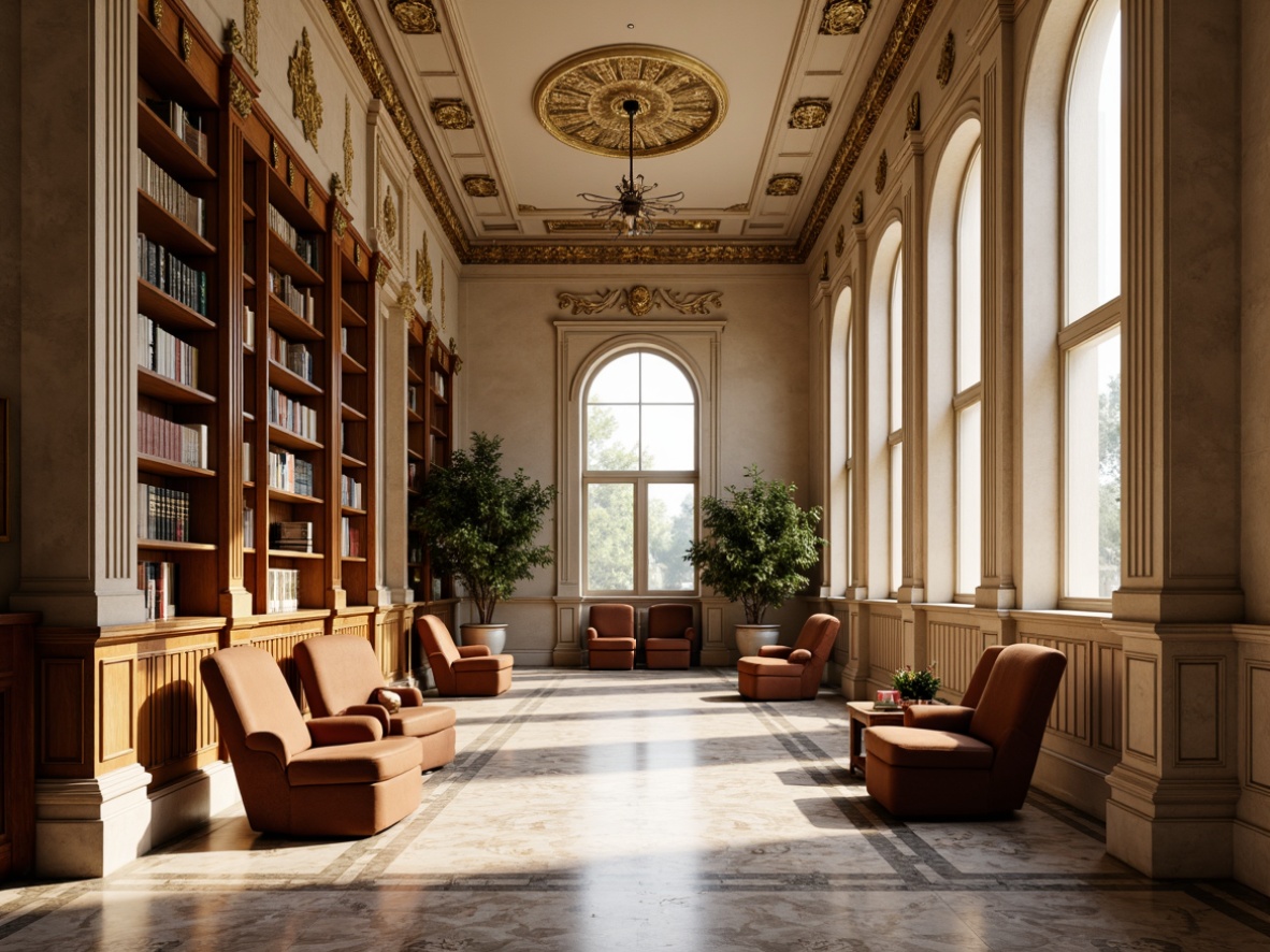 Prompt: Elegant library interior, neoclassical architecture, grandiose columns, ornate moldings, rich wood tones, warm beige walls, soft cream ceilings, subtle golden accents, intricate marble flooring, comfortable reading nooks, plush velvet armchairs, brass lamp fixtures, tall wooden bookshelves, leather-bound tomes, natural light pouring in, softbox lighting, 1/2 composition, symmetrical framing, realistic textures, ambient occlusion.