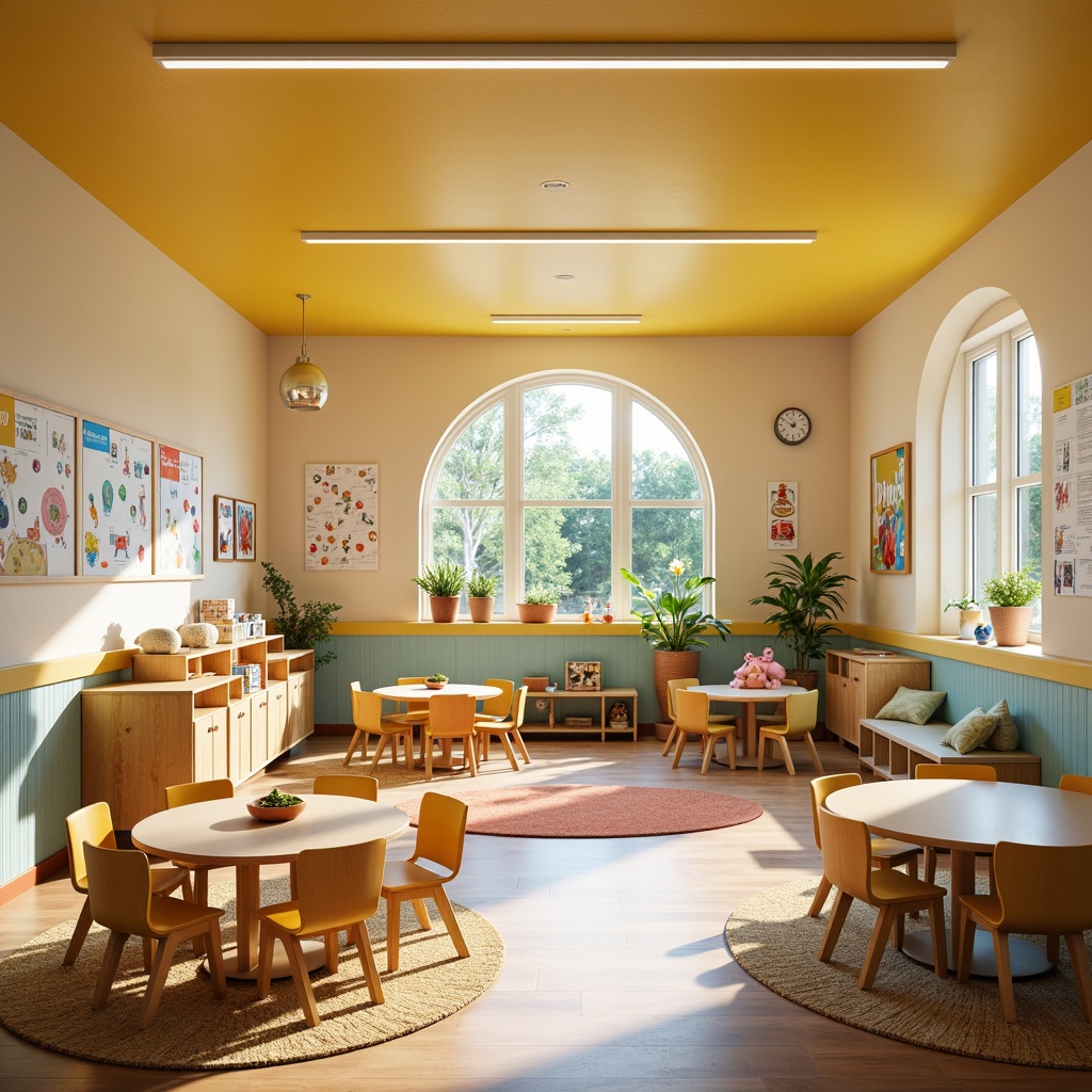 Prompt: Vibrant kindergarten interior, warm beige walls, soft pastel colors, playful yellow accents, gentle blue tones, whimsical illustrations, educational posters, colorful rugs, circular tables, ergonomic chairs, natural wood textures, abundant sunlight, warm LED lighting, shallow depth of field, 1/1 composition, inviting atmosphere, engaging learning environment.