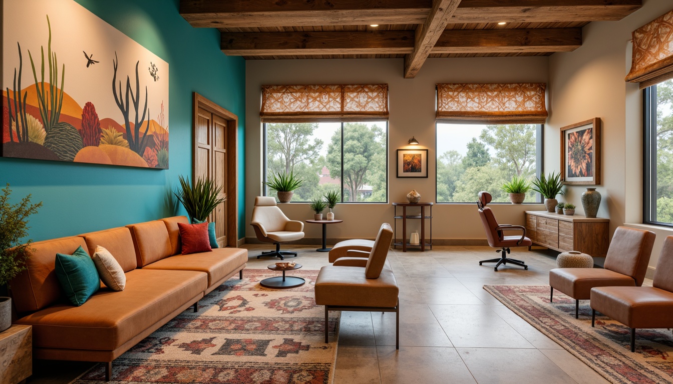 Prompt: Vibrant turquoise accents, warm beige walls, rustic wooden furniture, plush earth-toned upholstery, woven Native American-inspired textiles, geometric patterned rugs, natural stone flooring, desert botanical prints, modern minimalist dental chairs, sleek metal equipment, warm LED lighting, cozy waiting area, comfortable patient lounges, Southwestern-style pottery decor, vibrant colorful artwork, tribal-patterned window treatments, organic shapes, earthy scents, calming atmosphere, shallow depth of field, 3/4 composition, realistic textures.