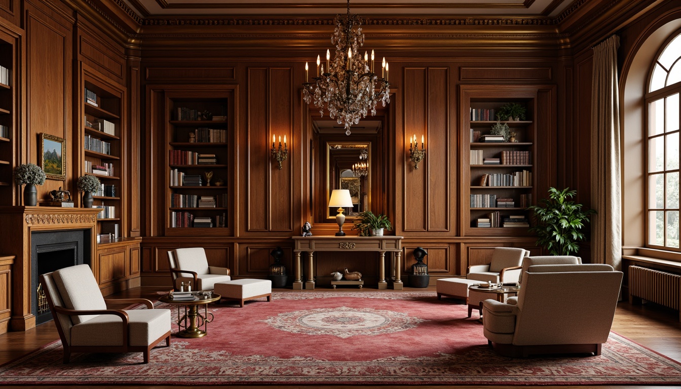 Prompt: Elegant library interior, rich wood paneling, ornate moldings, luxurious velvet fabrics, polished brass fixtures, intricate marble inlays, tall columns, grand archways, sophisticated Neoclassical architecture, warm golden lighting, soft focus, shallow depth of field, 1/2 composition, high-angle shot, realistic textures, ambient occlusion.