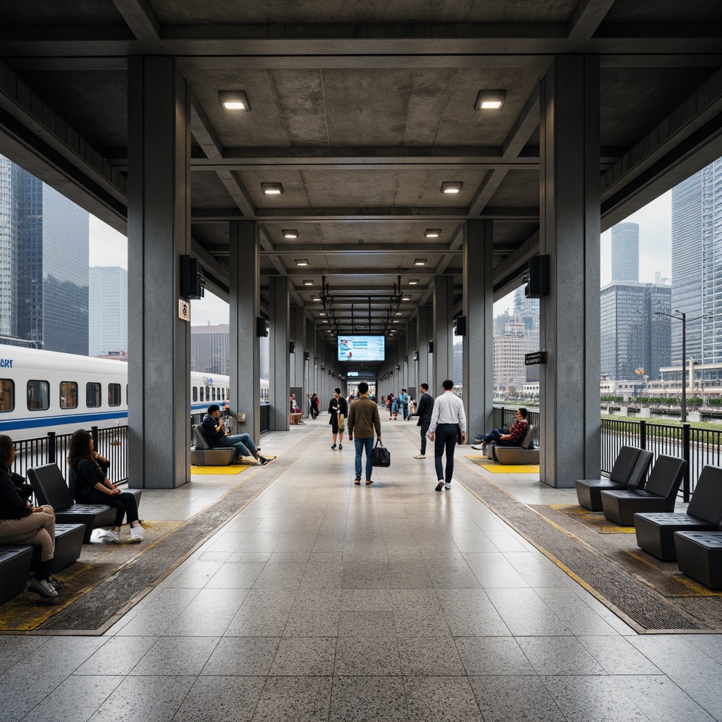 Prompt: Modern metro station interior, sleek flooring options, polished granite tiles, high-traffic durable surfaces, stainless steel accents, industrial chic aesthetic, urban feel, bright overhead lighting, busy commuter atmosphere, concrete walls, minimalist seating areas, futuristic design elements, subtle color schemes, textured rubber flooring, slip-resistant coatings, easy maintenance materials, acoustic comfort, noise reduction systems, panoramic platform views, bustling city surroundings, morning rush hour ambiance.