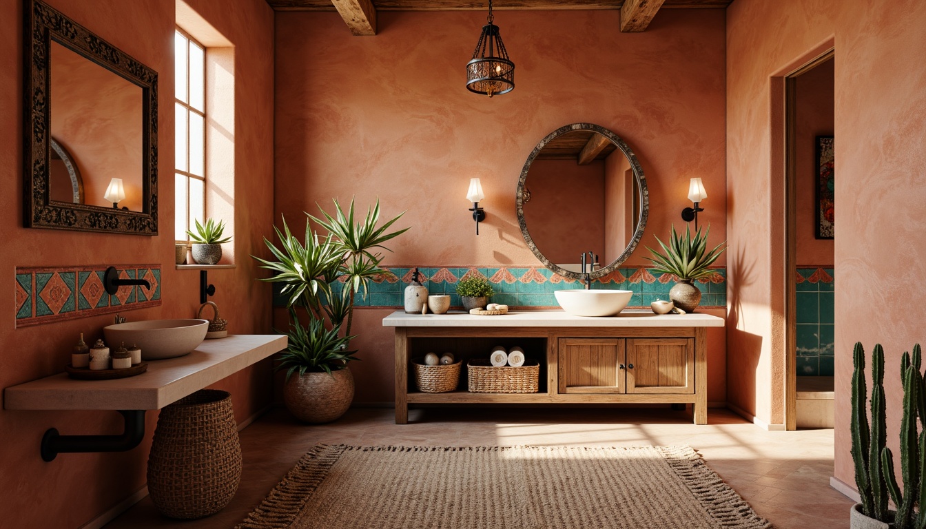 Prompt: \Southwestern powder room, warm terracotta walls, turquoise accents, ornate mirrors, rustic wooden vanity, woven basket storage, vibrant Native American patterns, bold geometric tiles, earthy tones, natural stone countertops, pendant lighting, woven textiles, desert botanicals, cacti plants, warm golden lighting, shallow depth of field, 1/1 composition, realistic textures, ambient occlusion.\