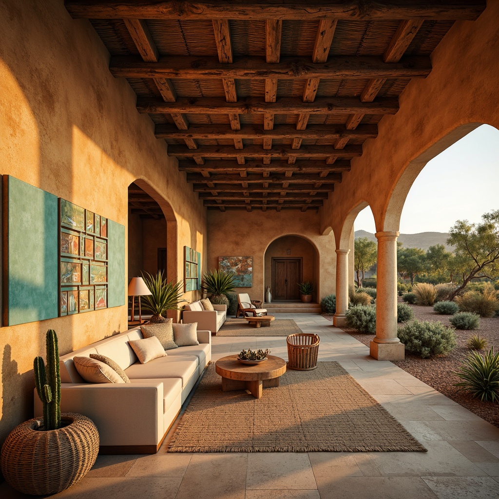 Prompt: Earth-toned adobe walls, rustic textured finishes, vibrant turquoise accents, Southwestern-inspired patterns, geometric tile work, wooden ceiling beams, warm ambient lighting, cozy living spaces, plush furniture, woven textiles, natural fiber rugs, desert botanicals, cacti plants, warm sunny day, soft warm lighting, shallow depth of field, 3/4 composition, panoramic view, realistic textures, ambient occlusion.