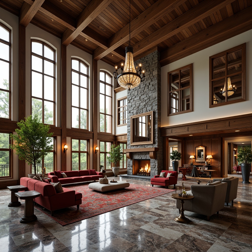 Prompt: Grand great room, high ceiling, large windows, natural light, wooden beams, stone fireplace, luxurious furniture, velvet sofas, marble floors, crystal chandeliers, ornate mirrors, rich wood tones, warm ambient lighting, shallow depth of field, 3/4 composition, symmetrical architecture, elegant proportions, sophisticated color palette, refined textures, subtle patterns.