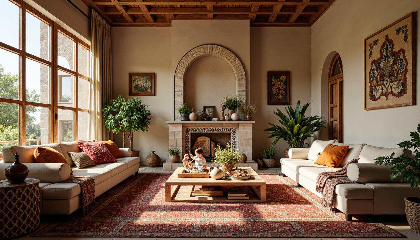 Prompt: Cozy living room, plush throw blankets, soft velvet sofas, patterned rugs, warm beige walls, large windows, natural light, comfortable seating areas, wooden coffee tables, decorative vases, lush green plants, vibrant colorful pillows, intricate geometric patterns, Moroccan-inspired tiles, luxurious drapery, sheer curtains, ambient lighting, shallow depth of field, 1/1 composition.