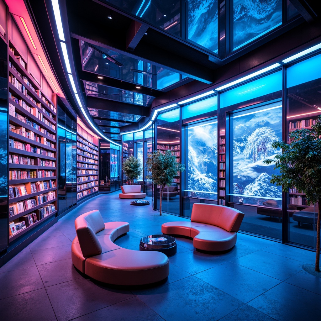 Prompt: Futuristic bookstore interior, neon-lit shelves, metallic bookcases, glass floors, mirrored ceilings, minimalist decor, sleek lines, LED lighting, digital displays, interactive kiosks, virtual reality experiences, futuristic seating areas, ergonomic chairs, transparent tables, holographic projections, ambient electronic music, soft blue-purple lighting, shallow depth of field, 1/1 composition, close-up shots, realistic reflections, advanced materials, recycled plastics, sustainable wood, eco-friendly textiles.