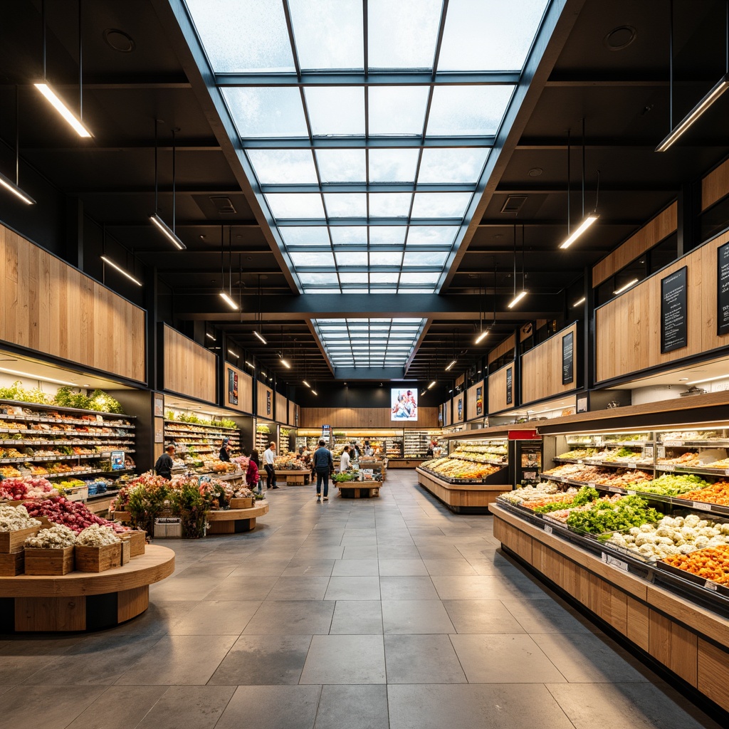 Prompt: Fluorescent ceiling lights, warm white tones, aisle highlighting, product showcases, eye-catching displays, vibrant color schemes, fresh produce stands, wooden shelves, natural stone flooring, modern minimalist decor, high ceilings, skylights, soft diffused lighting, 1/2 composition, shallow depth of field, realistic textures, ambient occlusion.