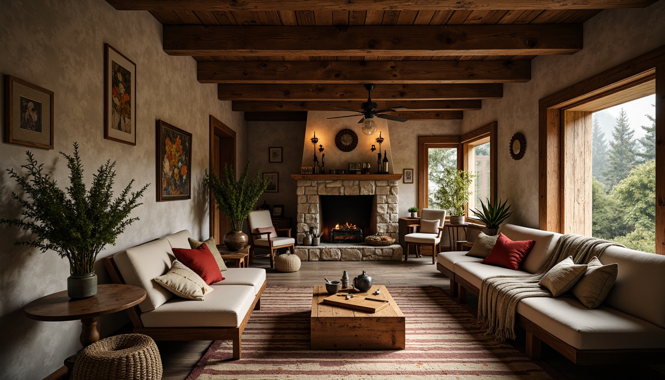 Prompt: Rustic wooden cabin, natural stone walls, earthy tone colors, handcrafted wooden furniture, woven textiles, vintage metalware, distressed finishes, organic shapes, artisanal decorations, warm candlelight, cozy atmosphere, shallow depth of field, 2/3 composition, soft focus, realistic textures, ambient occlusion.