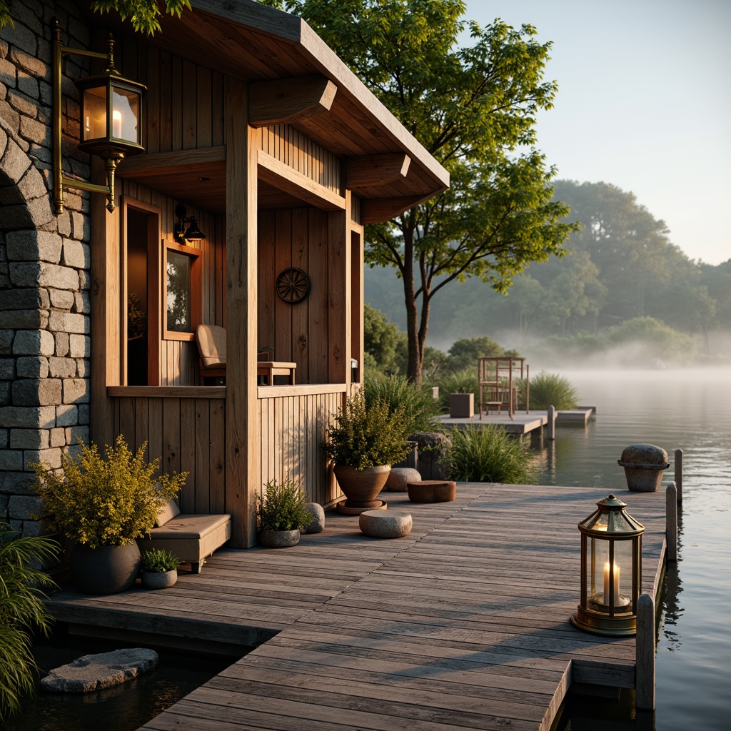 Prompt: Whimsical boathouse, rustic wooden docks, vintage nautical elements, distressed wood accents, ornate metal lanterns, soft warm lighting, natural stone walls, earthy color palette, lush greenery, tranquil water reflections, serene lake views, misty morning atmosphere, shallow depth of field, 1/2 composition, warm golden hour, realistic textures, ambient occlusion.