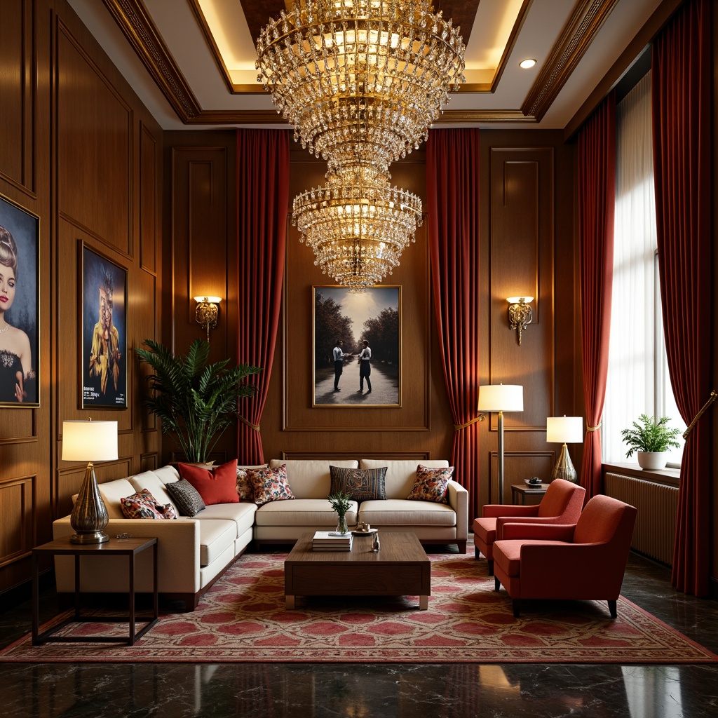 Prompt: Luxurious Art Deco living room, ornate chandeliers, crystal pendant lights, geometric metal sconces, rich velvet drapes, marble flooring, metallic accents, bold colorful patterns, vintage posters, sleek coffee tables, plush armchairs, floor lamps with sculptural shapes, warm golden lighting, dramatic shadows, 1/2 composition, soft focus, subtle vignettes, realistic reflections, ambient occlusion.