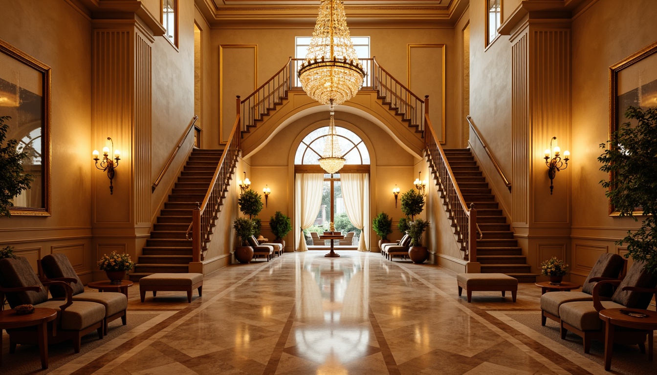 Prompt: Elegant chandeliers, crystal pendants, ornate sconces, warm golden lighting, soft diffused illumination, grandiose staircases, marble floors, high ceilings, classical columns, intricate moldings, luxurious fabrics, rich wood tones, subtle ambient glow, warm beige walls, stately windows, delicate filigree, refined ornaments, vintage fixtures, sophisticated color palette, dramatic spotlights, majestic archways, symmetrical composition, precise lines, ornate details, realistic reflections.