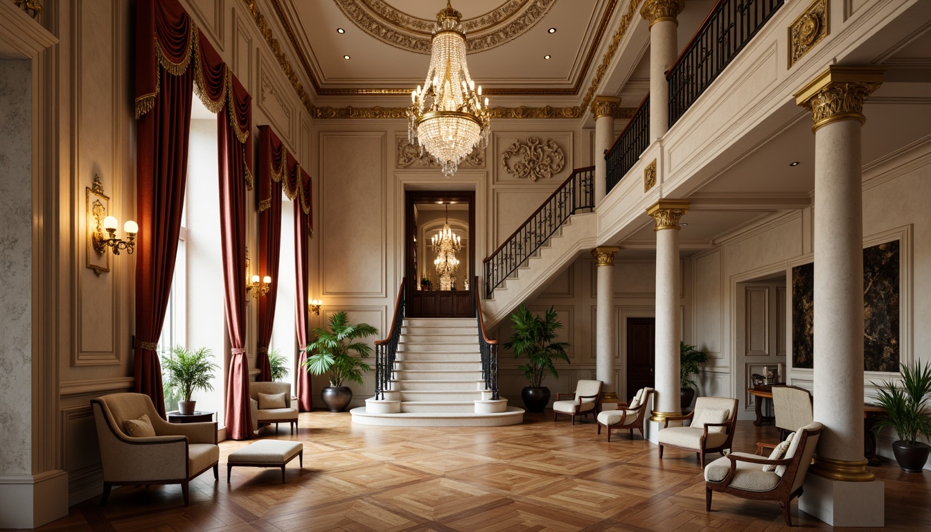 Prompt: Elegant mansion, ornate columns, carved marble facades, grand entrance, sweeping staircases, polished wooden floors, intricate moldings, gilded accents, crystal chandeliers, luxurious fabrics, rich velvet drapes, antique furniture pieces, Renaissance-inspired patterns, subtle earthy tones, warm beige colors, soft diffused lighting, atmospheric mist, 1/2 composition, symmetrical framing, realistic textures, detailed ornate carvings.