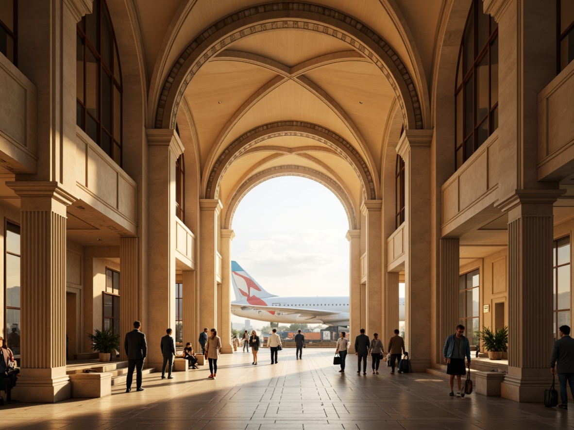 Prompt: Elegant archways, majestic columns, ornate details, luxurious materials, travertine flooring, grand staircase, vaulted ceiling, warm beige tones, soft golden lighting, atmospheric mist, 1/1 composition, symmetrical framing, realistic textures, ambient occlusion, bustling airport atmosphere, busy travelers, luggage carts, modern airline logos, sleek aircraft models.