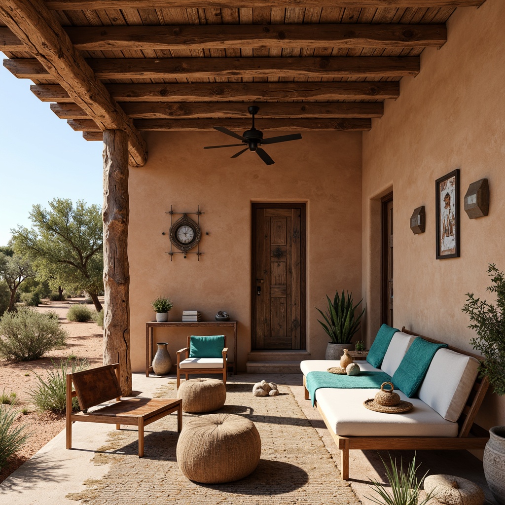 Prompt: Adobe earth-toned stucco, distressed wooden accents, rustic metal ornaments, natural stone flooring, woven textiles, vibrant turquoise hues, bold geometric patterns, weathered leather furniture, reclaimed wood beams, desert botanicals, warm sandy dunes, clear blue skies, soft warm lighting, shallow depth of field, 3/4 composition, realistic textures, ambient occlusion.