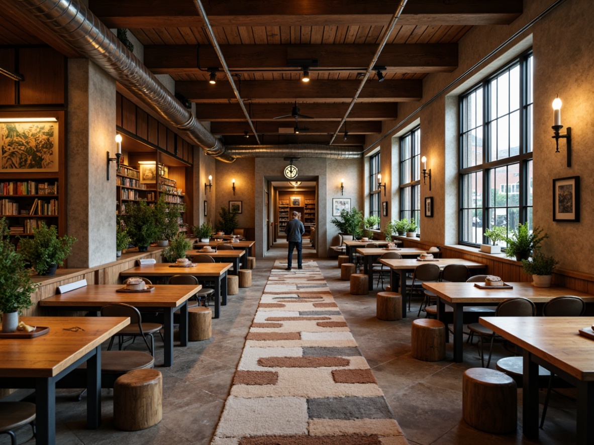 Prompt: Rustic wooden desks, vintage metal chairs, earthy tone color scheme, natural stone flooring, reclaimed wood accents, industrial-style lighting fixtures, exposed brick walls, wooden ceiling beams, cozy reading nooks, plush area rugs, traditional craftsmanship details, warm ambient lighting, shallow depth of field, 1/1 composition, realistic textures, soft focus effect.