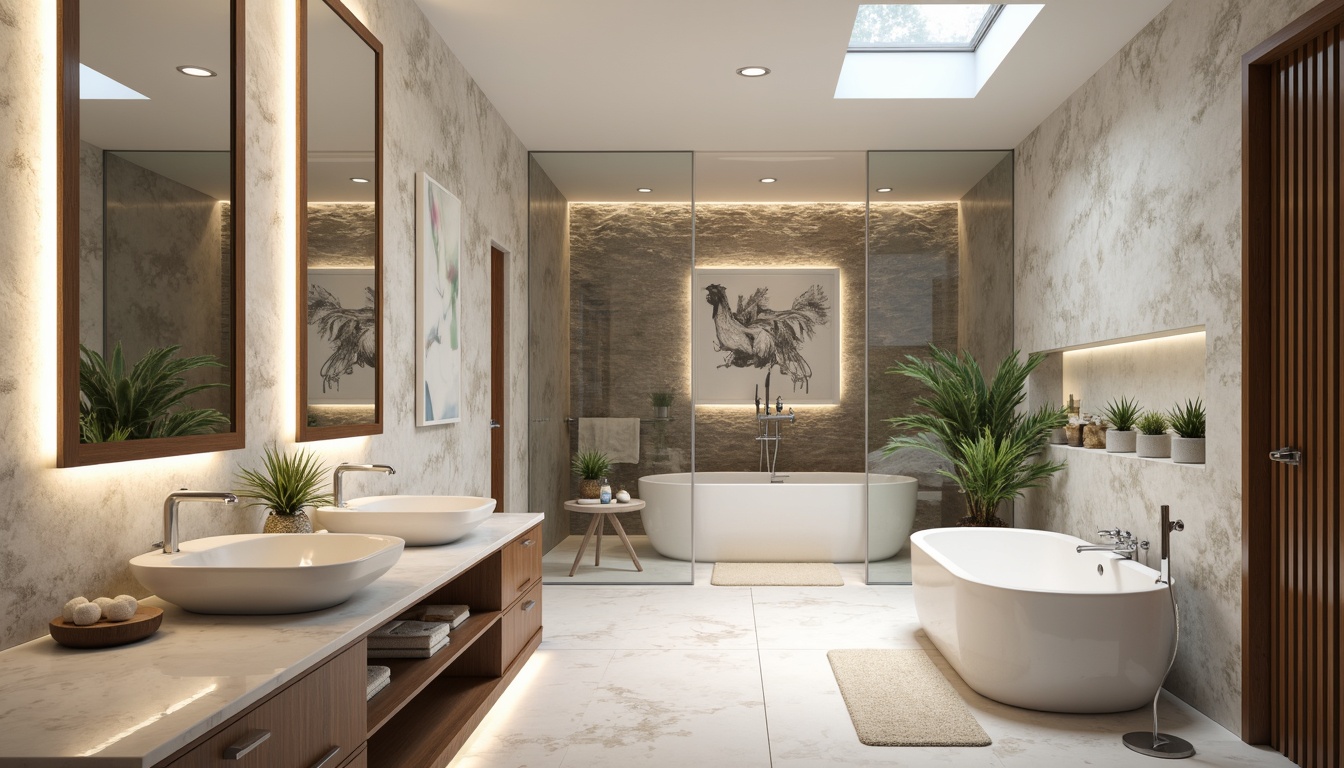 Prompt: Luxurious bathroom, marble countertops, porcelain sinks, chrome faucets, glass shower doors, rainfall showerheads, freestanding tubs, LED lighted mirrors, wooden cabinets, soft-close drawers, white ceramic tiles, heated floors, spa-inspired ambiance, natural stone walls, skylights, greenery plants, warm neutral colors, 3/4 composition, shallow depth of field, realistic textures.