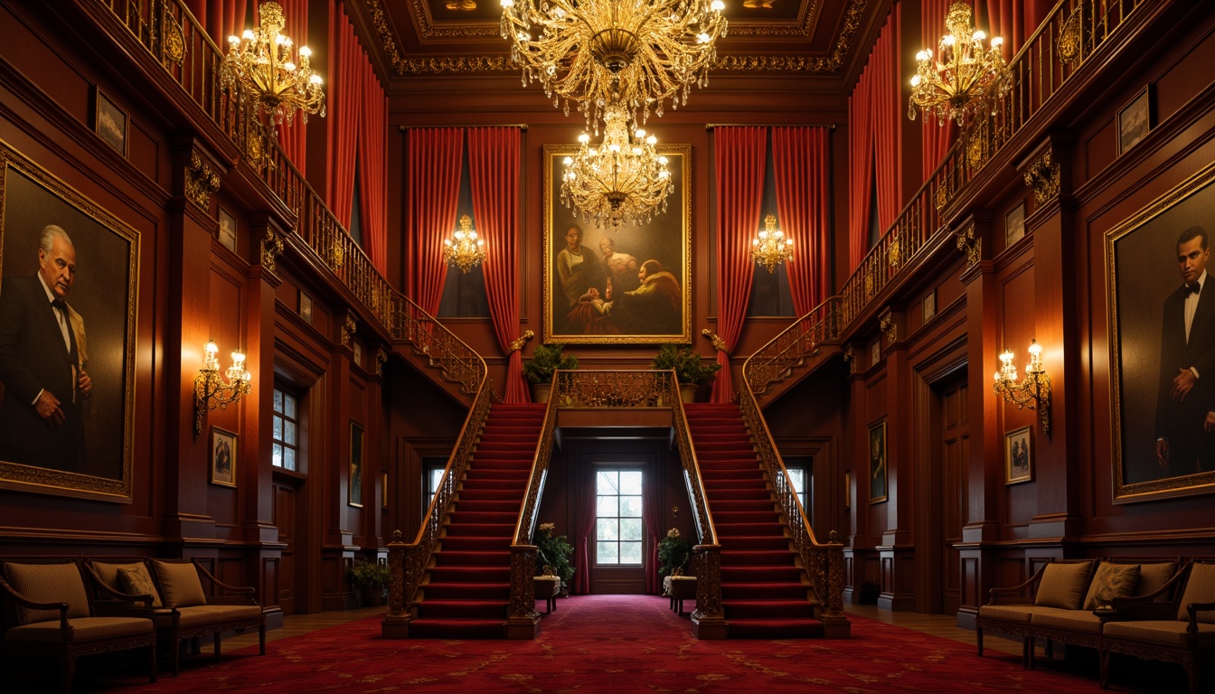 Prompt: Luxurious velvet drapes, ornate golden frames, lavish crystal chandeliers, rich wood paneling, opulent red carpeting, grandiose staircases, intricate moldings, vintage-inspired posters, dimly lit atmosphere, warm golden lighting, soft focus effect, 1/1 composition, cinematic view, realistic reflections, ambient occlusion.