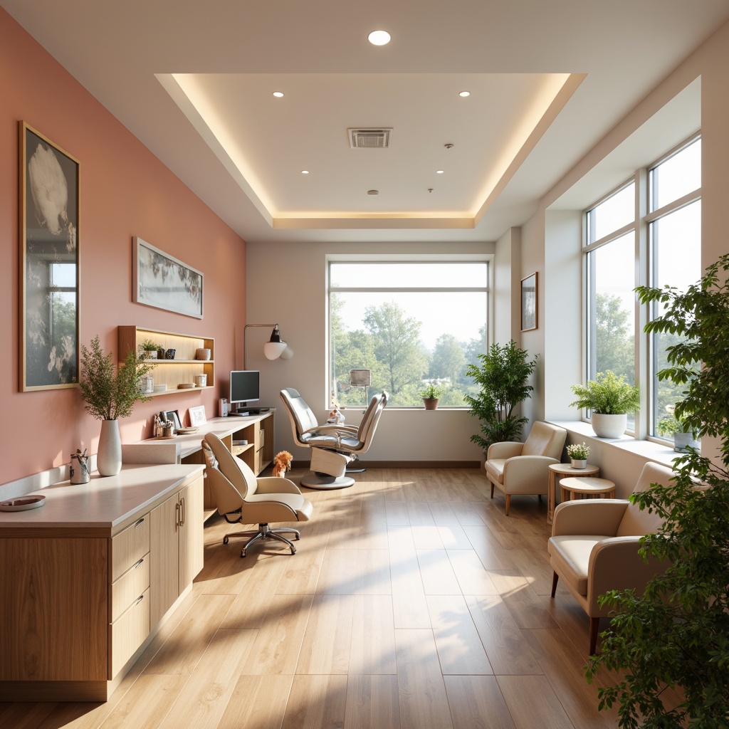 Prompt: Calming dental clinic, soft peach tones, creamy whites, gentle blues, natural wood accents, sleek metal equipment, modern minimalist decor, ergonomic furniture, comfortable waiting areas, lush green plants, warm LED lighting, shallow depth of field, 3/4 composition, realistic textures, ambient occlusion.