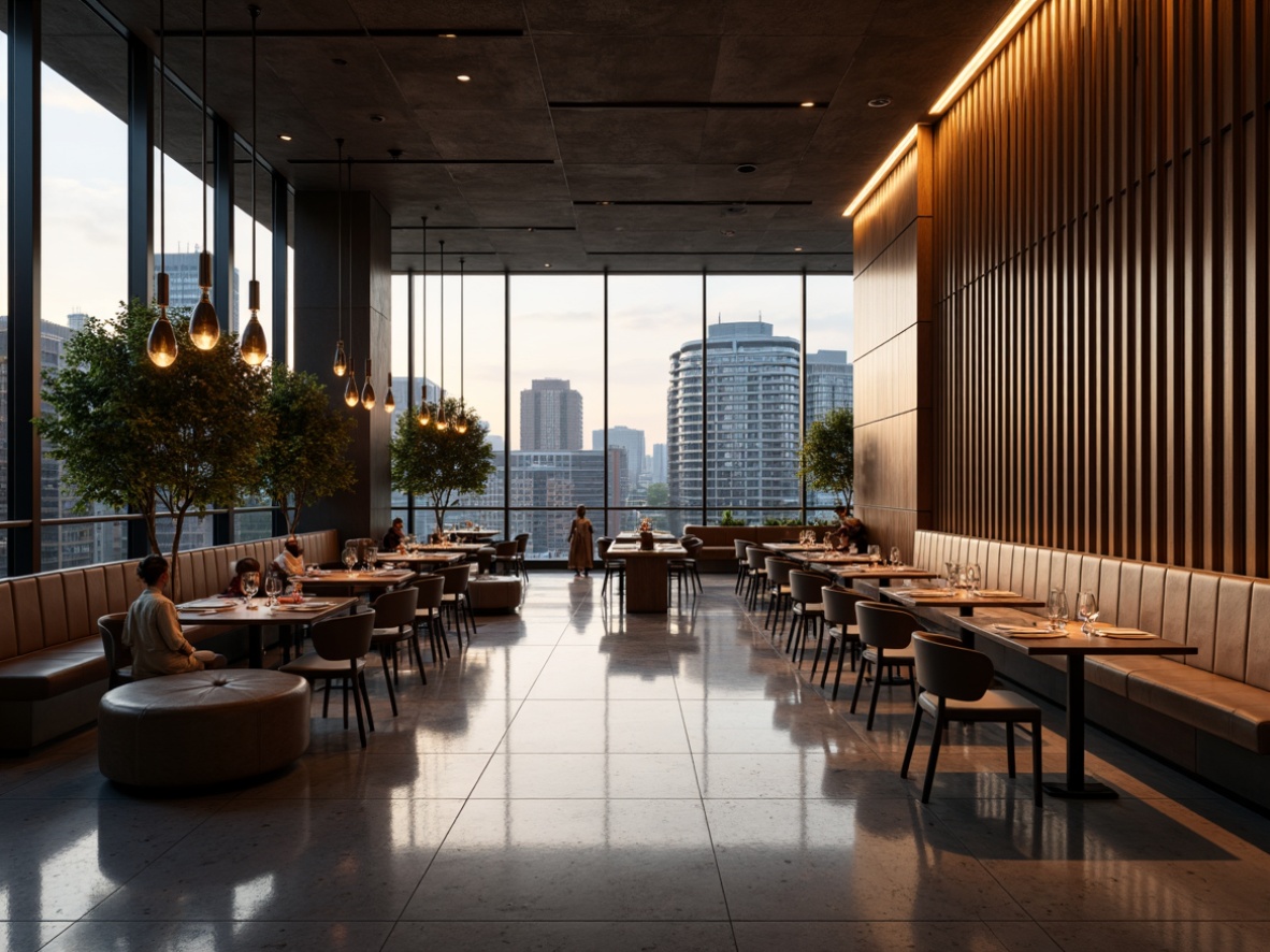 Prompt: Streamlined modern dining area, minimalist decor, sleek metal accents, warm ambient lighting, soft diffused illumination, pendant lamps, LED strips, floor-to-ceiling windows, natural daylight, urban cityscape views, polished marble floors, luxurious textiles, subtle color palette, intimate seating areas, elegant chandeliers, dramatic ceiling fixtures, 1/1 composition, low-key backlighting, cinematic atmosphere, realistic reflections.