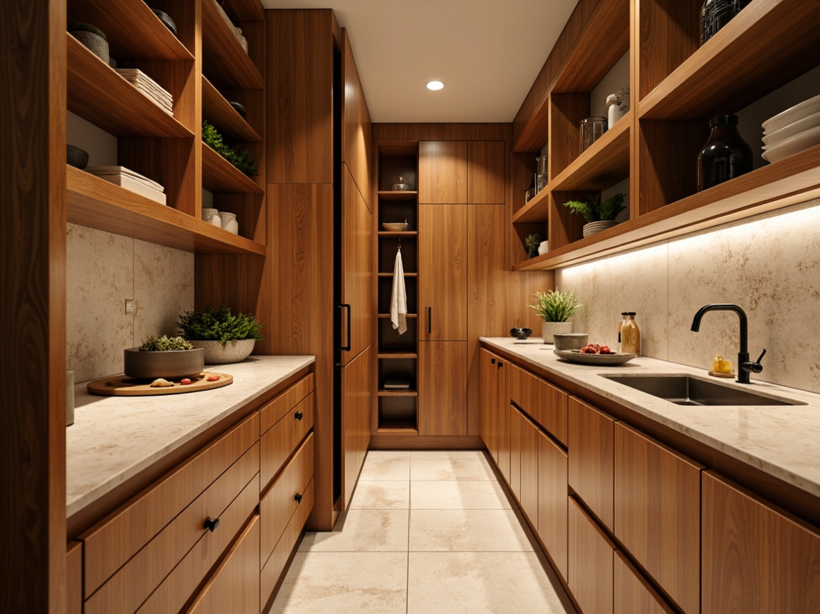 Prompt: Warm mid-century modern pantry, rich wooden cabinetry, horizontal grain patterns, soft-close drawers, stylish hardware, open shelving, natural stone countertops, earthy color palette, pendant lighting, cozy ambiance, warm beige tones, minimal ornamentation, clean lines, functional layout, ample storage space, soft focus, shallow depth of field, 1/2 composition, realistic textures, subtle shadowing.