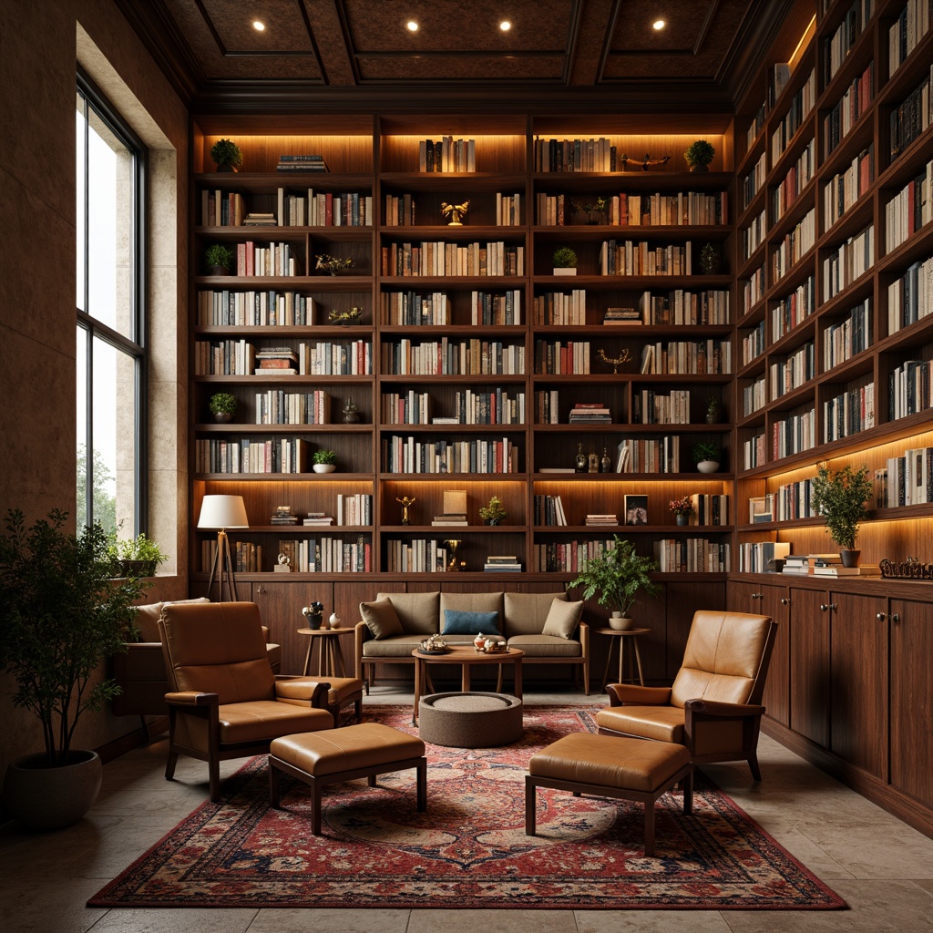 Prompt: Warm bookstore atmosphere, rich wood tones, comfortable reading nooks, floor-to-ceiling bookshelves, vintage leather armchairs, soft warm lighting, earthy color palette, muted beige walls, dark wood accents, golden brass fixtures, cozy corner seating, plush area rugs, inviting window seats, natural stone floors, elegant typography, sophisticated color blocking, 2/3 composition, shallow depth of field, realistic textures, ambient occlusion.