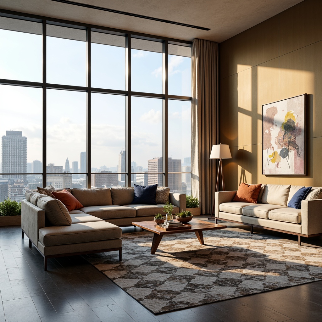 Prompt: Minimalist living room, sleek low-profile sofa, geometric-patterned rug, floor-to-ceiling windows, natural light pouring in, urban cityscape view, modern industrial-chic coffee table, metallic legs, reclaimed wood accents, cozy throw pillows, abstract art pieces, soft warm LED lighting, 1/2 composition, shallow depth of field, realistic textures, ambient occlusion, bold colorful accent walls, eclectic decorative objects, Scandinavian-inspired design elements.