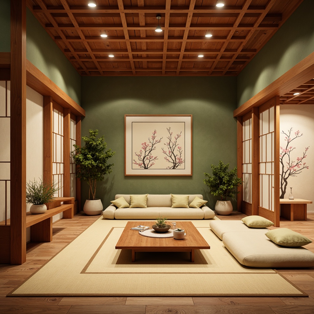 Prompt: Serene Asian-inspired interior, natural wood accents, subtle rice paper textures, soft warm lighting, earthy terracotta hues, muted jade green walls, creamy beige furnishings, intricately carved wooden screens, delicate cherry blossom patterns, elegant calligraphy artworks, traditional tatami mats, sliding shoji doors, minimalist decor, harmonious color balance, 1/2 composition, shallow depth of field, warm atmospheric lighting.