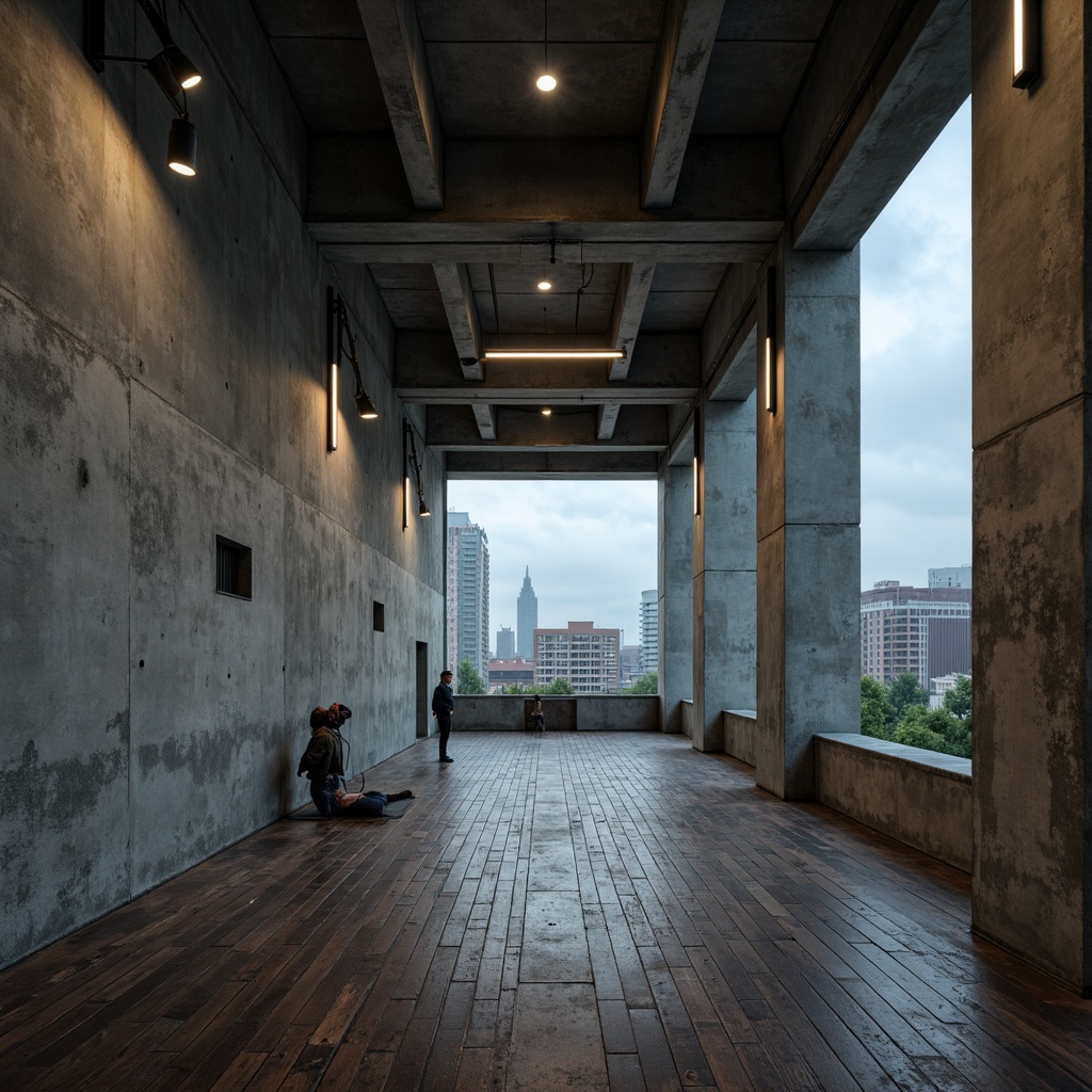 Prompt: Exposed concrete walls, raw steel beams, industrial-style lighting fixtures, minimalist sports equipment, weathered wooden floors, brutalist architecture, urban cityscape, overcast sky, dramatic shadows, high-contrast ambiance, cold harsh lighting, 1/2 composition, low-angle shot, gritty textures, ambient occlusion.