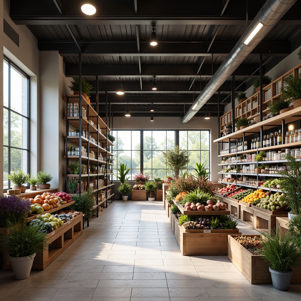 Prompt: Academic-style grocery store interior, modern shelving systems, sleek metal frames, adjustable shelves, wooden accents, glass containers, decorative lighting, produce stands, fresh flower arrangements, ceramic tile flooring, neutral color palette, abundant natural light, 1/2 composition, softbox lighting, realistic textures, ambient occlusion.