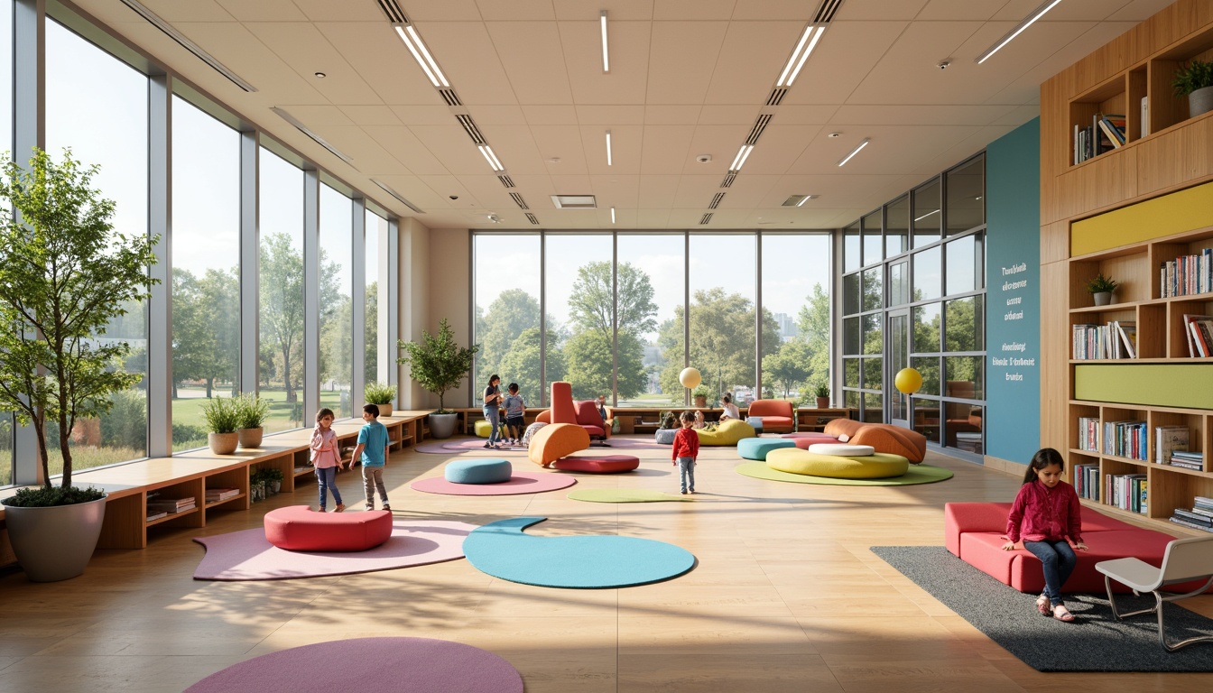 Prompt: Vibrant elementary school interior, streamlined modern furniture, minimalist desks, ergonomic chairs, colorful storage bins, geometric-patterned rugs, natural wood accents, large windows, abundant daylight, soft warm lighting, shallow depth of field, 3/4 composition, panoramic view, realistic textures, ambient occlusion, playful wall decals, inspirational quotes, collaborative learning spaces, circular reading nooks, built-in bookshelves, comfortable pillows, flexible seating arrangements.