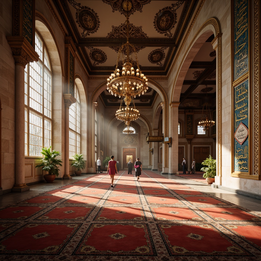 Prompt: Serene mosque interior, grand prayer hall, intricately patterned rugs, ornate chandeliers, vaulted ceilings, stained glass windows, sacred scripture calligraphy, polished marble floors, tranquil ambiance, soft warm lighting, shallow depth of field, 1/1 composition, realistic textures, ambient occlusion, minarettes, arches, Islamic geometric patterns, vibrant colored tiles, natural stone walls, peaceful atmosphere, reverent silence.