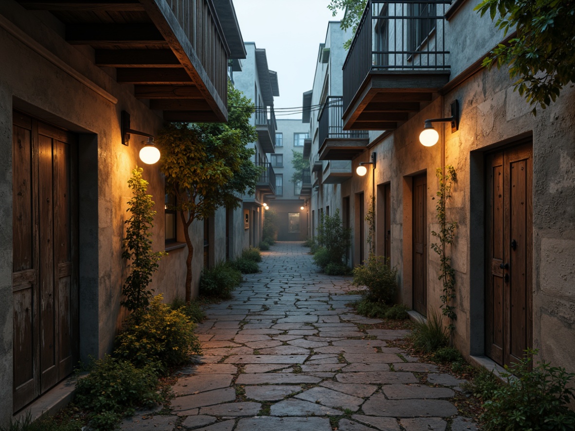 Prompt: Rustic stone walls, weathered wooden planks, distressed concrete surfaces, peeling paint, worn brick facades, aged metal corrugations, vintage industrial textures, richly detailed stonework, crumbling mortar, ivy-covered walls, moss-infused cracks, dimly lit alleyways, narrow cobblestone streets, atmospheric fog, soft warm lighting, 1/2 composition, shallow depth of field, realistic normal mapping.