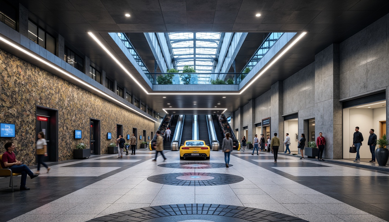 Prompt: Modern metro station interior, sleek concrete flooring, polished granite surfaces, stainless steel accents, vibrant LED lighting, geometric patterned tiles, high-traffic durable materials, slip-resistant finishes, futuristic aesthetic, urban atmosphere, bustling crowds, natural stone walls, metallic ceilings, dynamic escalators, panoramic views, shallow depth of field, 1/1 composition, realistic textures, ambient occlusion.