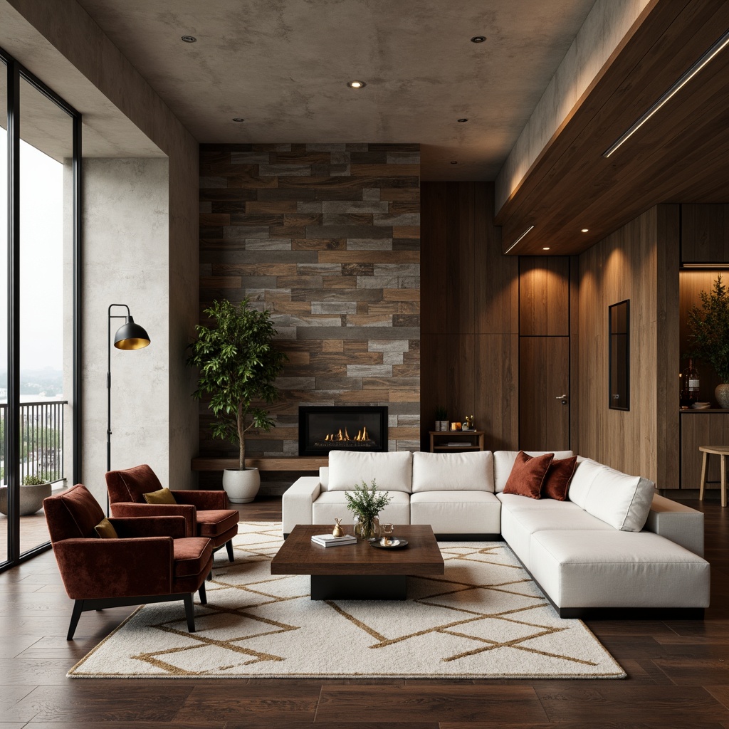 Prompt: Luxurious living room, modern minimalist sofa, sleek low-profile coffee table, geometric patterned rug, industrial metal floor lamp, reclaimed wood accent wall, natural stone fireplace, plush velvet armchairs, metallic gold decorative accents, soft warm ambient lighting, shallow depth of field, 3/4 composition, realistic textures, ambient occlusion.