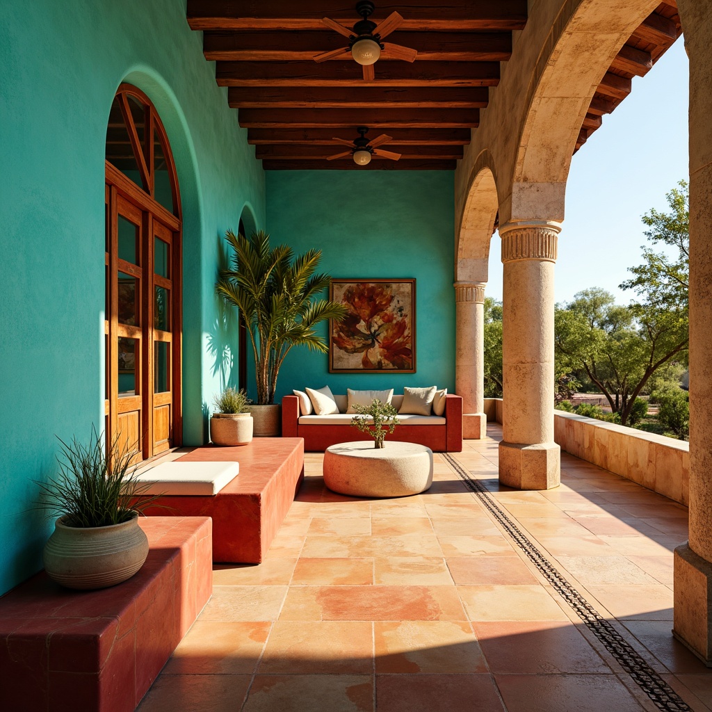 Prompt: Vibrant turquoise walls, rustic terracotta floors, warm sandy beige accents, rich wood tones, bold red and orange hues, metallic bronze details, ornate tile patterns, lush greenery, desert-inspired landscapes, sunny afternoon lighting, shallow depth of field, 2/3 composition, cinematic view, realistic textures, ambient occlusion.