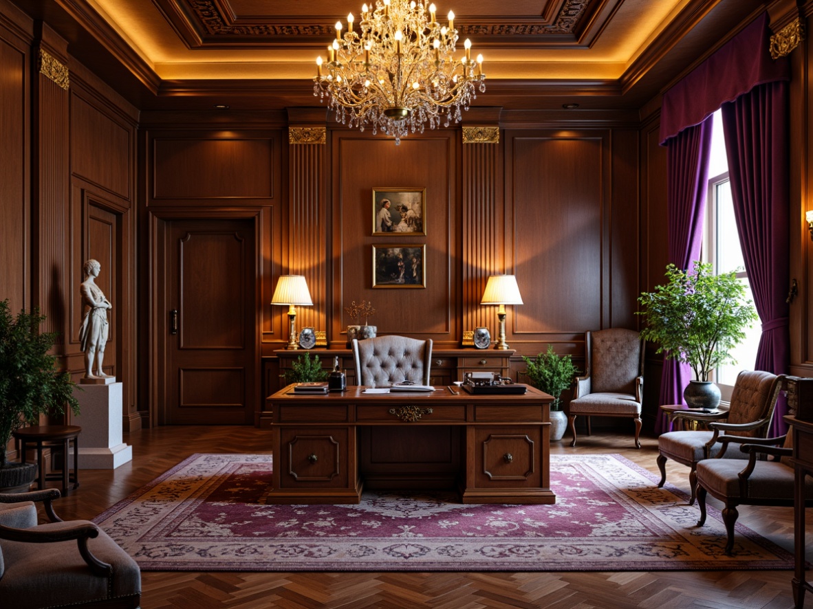 Prompt: Luxurious executive office, rich wood paneling, ornate gold accents, velvet upholstery, carved wooden furniture, intricately patterned rugs, grandiose chandeliers, imposing stone statues, lavish drapery, regal purple hues, stately columns, aristocratic ambiance, dramatic lighting effects, warm golden illumination, shallow depth of field, 1/2 composition, realistic textures, ambient occlusion.