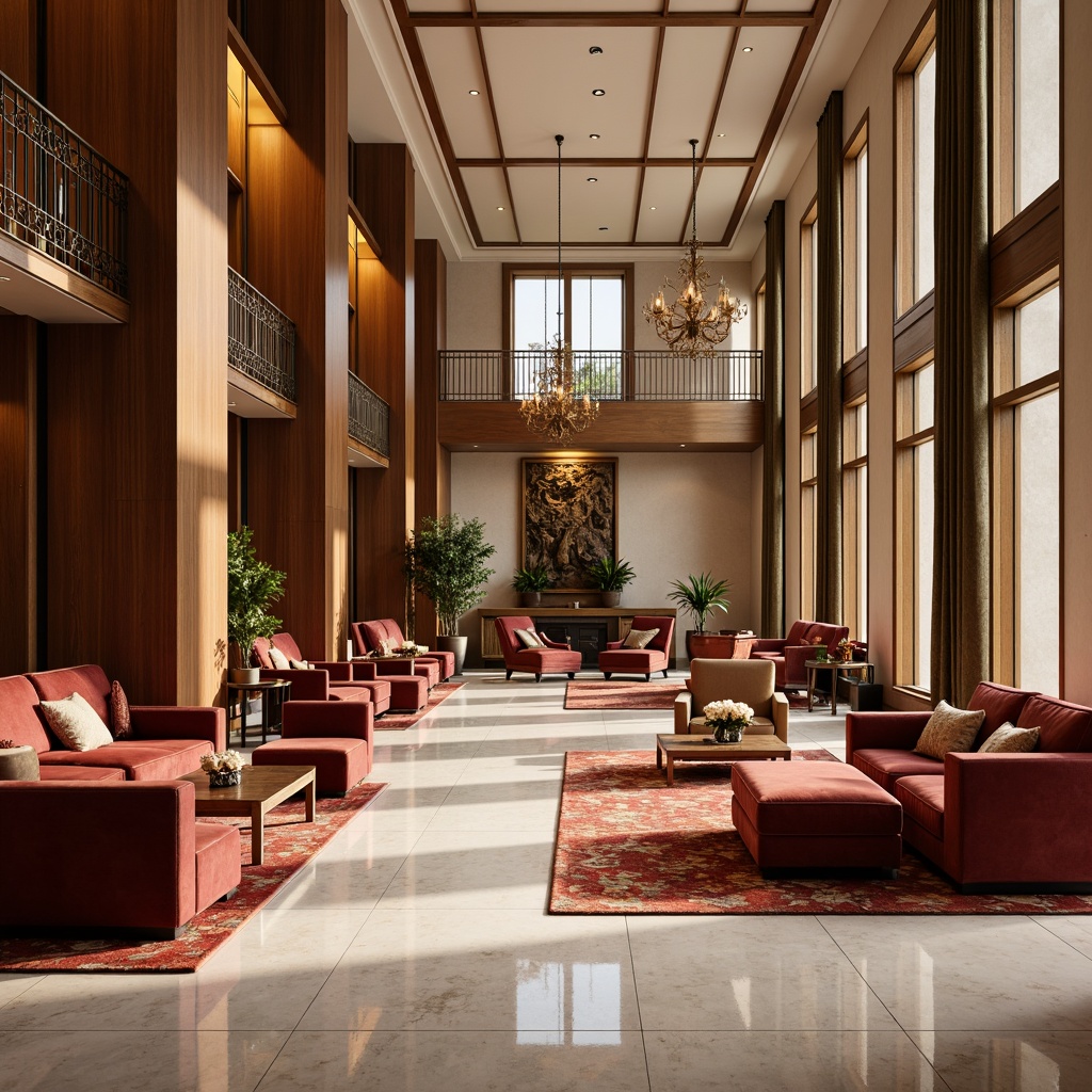 Prompt: Luxurious hotel lobby, rich velvet fabrics, polished marble floors, warm wooden accents, soft golden lighting, plush area rugs, elegant chandeliers, sophisticated neutral tones, vibrant pops of color, natural stone walls, metallic decorative screens, lavish furnishings, refined minimalist decor, inviting ambiance, relaxed seating areas, intimate conversational nooks, dramatic ceiling heights, ornate molding details, tactile upholstery textures, sensory experiences, boutique hotel charm.