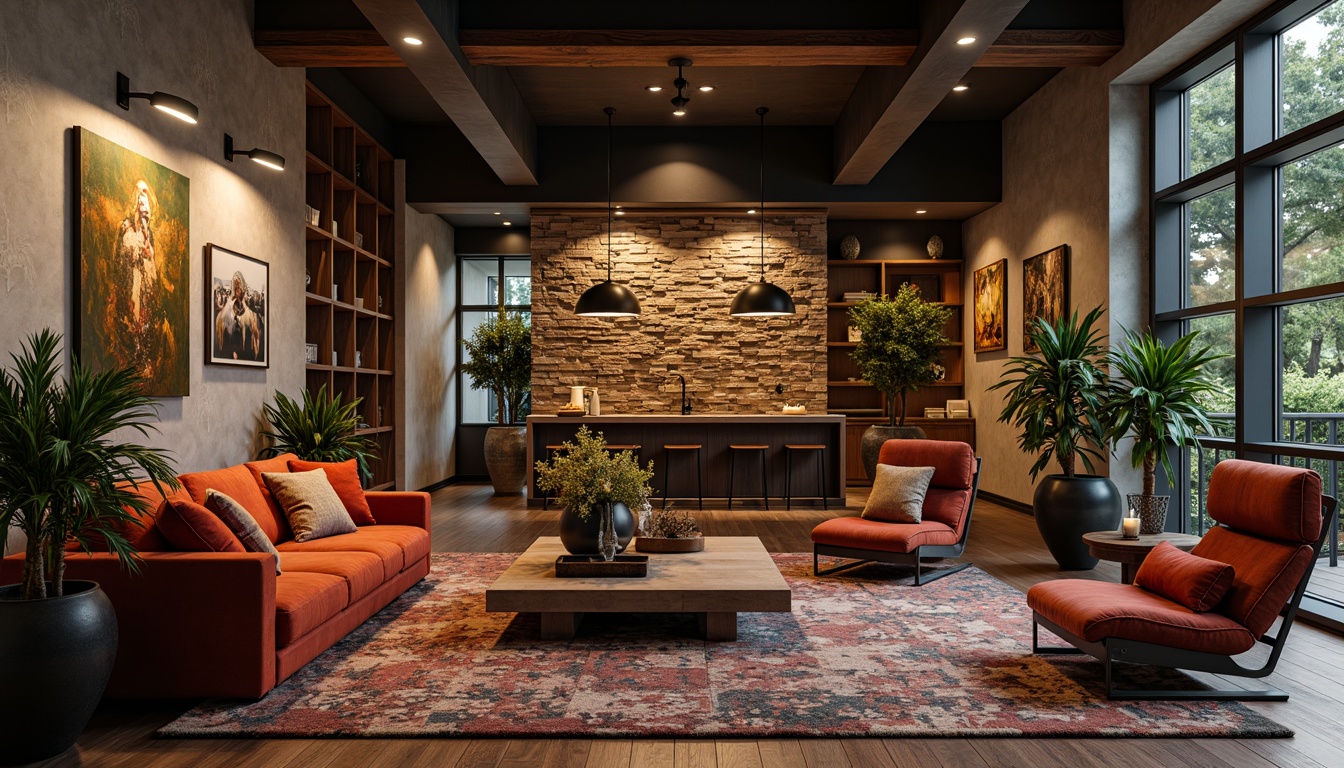 Prompt: Luxurious living room, velvet sofas, metallic coffee tables, plush area rugs, reclaimed wood accents, natural stone walls, industrial metal lighting, rich textiles, bold color blocking, tactile upholstery, smooth marble countertops, matte black fixtures, warm ambient glow, shallow depth of field, 1/1 composition, intimate atmosphere.