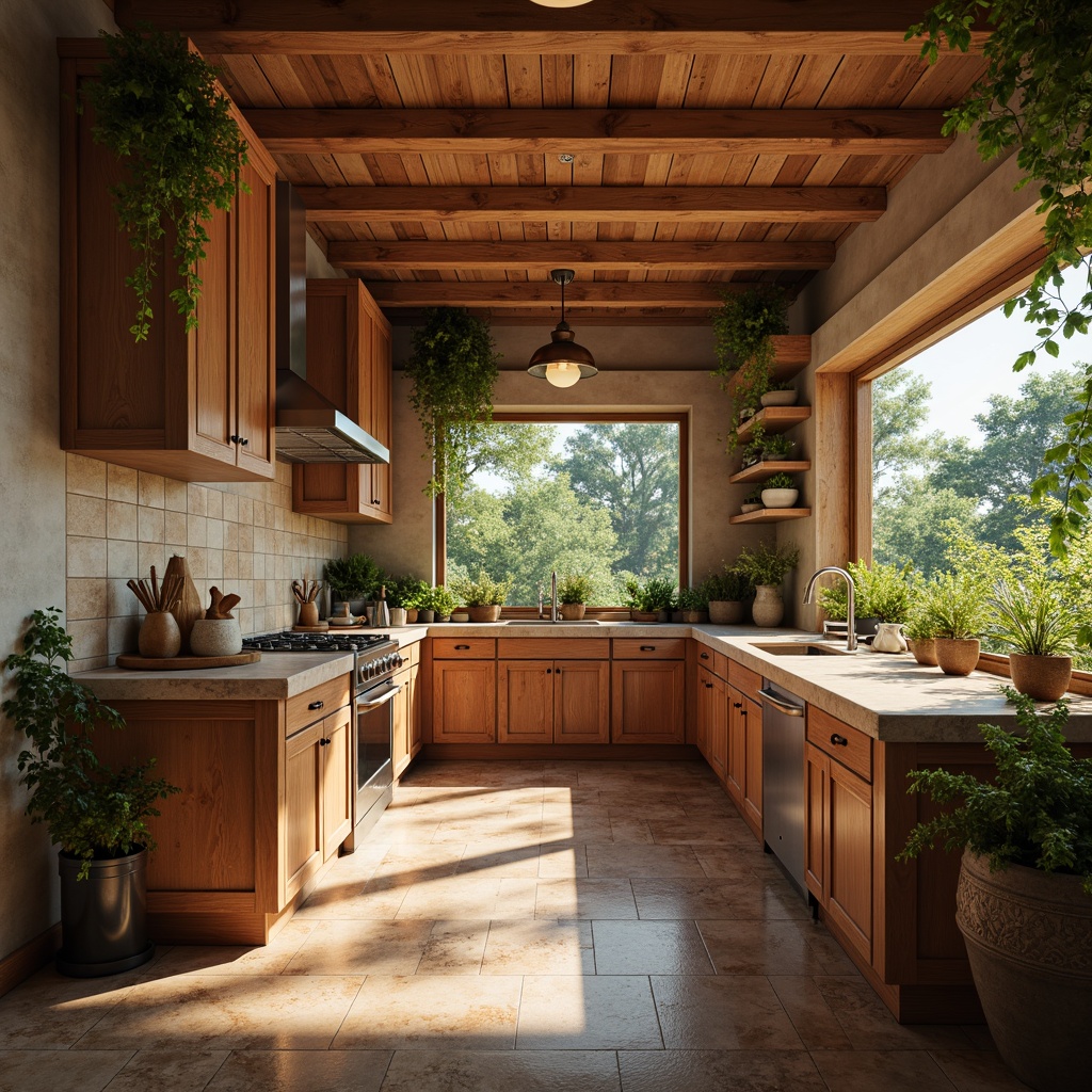 Prompt: Rustic kitchen, warm wood cabinets, earthy tile backsplash, natural stone countertops, stainless steel appliances, pendant lighting, cozy breakfast nook, greenery-filled windows, sunny morning, soft warm lighting, shallow depth of field, 3/4 composition, realistic textures, ambient occlusion.