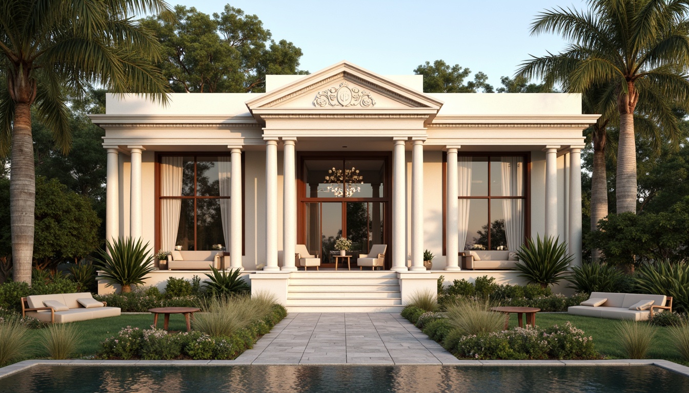 Prompt: Luxurious villa, neoclassical facade, grand entrance, ornate columns, symmetrical architecture, creamy white marble, intricate stone carvings, soft warm lighting, lush greenery, manicured lawns, blooming flowers, serene atmosphere, shallow depth of field, 1/2 composition, realistic textures, ambient occlusion, subtle shadows, elegant furnishings, velvet drapes, crystal chandeliers, rich wood accents, ornate moldings, sophisticated color palette.