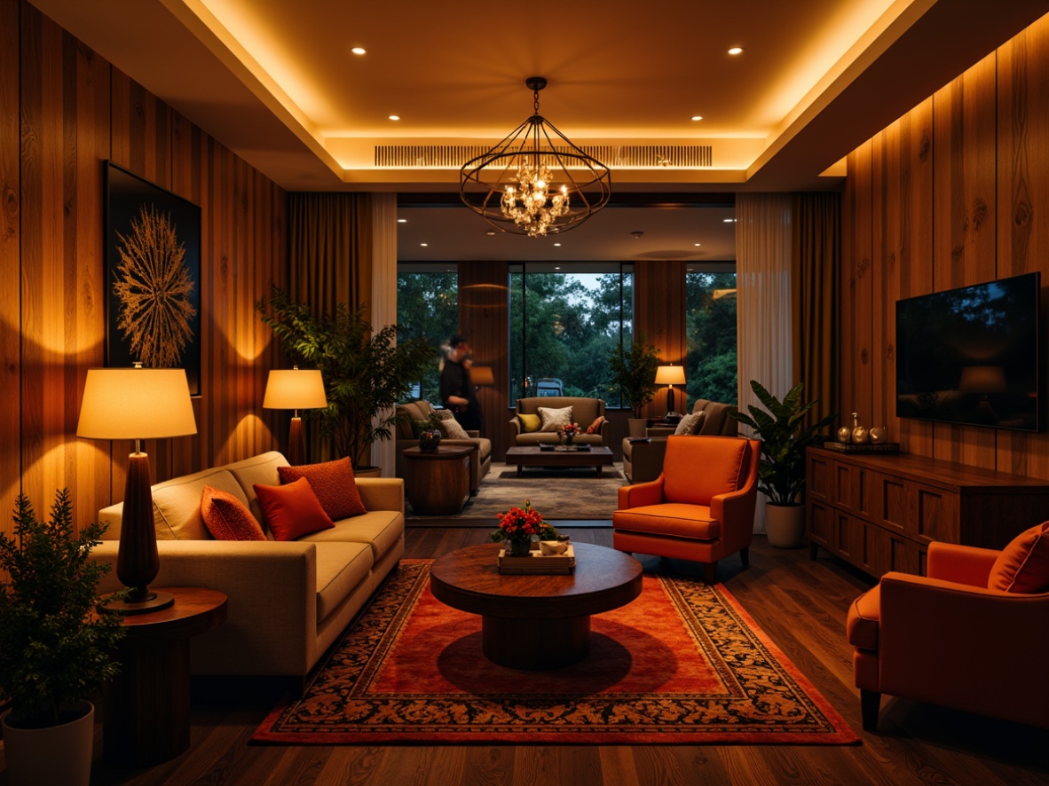 Prompt: Cozy living room, warm ambient lighting, soft glowing lamps, rich wood accents, plush furniture, vibrant color scheme, elegant chandelier, modern pendant lights, recessed ceiling fixtures, subtle LED strips, intimate atmosphere, relaxing vibe, evening ambiance, dramatic shadows, 3/4 composition, shallow depth of field, realistic textures, warm golden lighting.