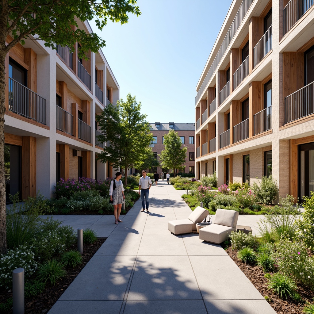 Prompt: Vibrant university courtyard, rich wood accents, bold blue hues, neutral beige tones, bright white trim, educational signage, modern furniture, sleek metal railings, lush greenery, blooming flowers, natural stone walkways, brick buildings, large windows, glass doors, sunny day, soft warm lighting, shallow depth of field, 3/4 composition, panoramic view, realistic textures, ambient occlusion.